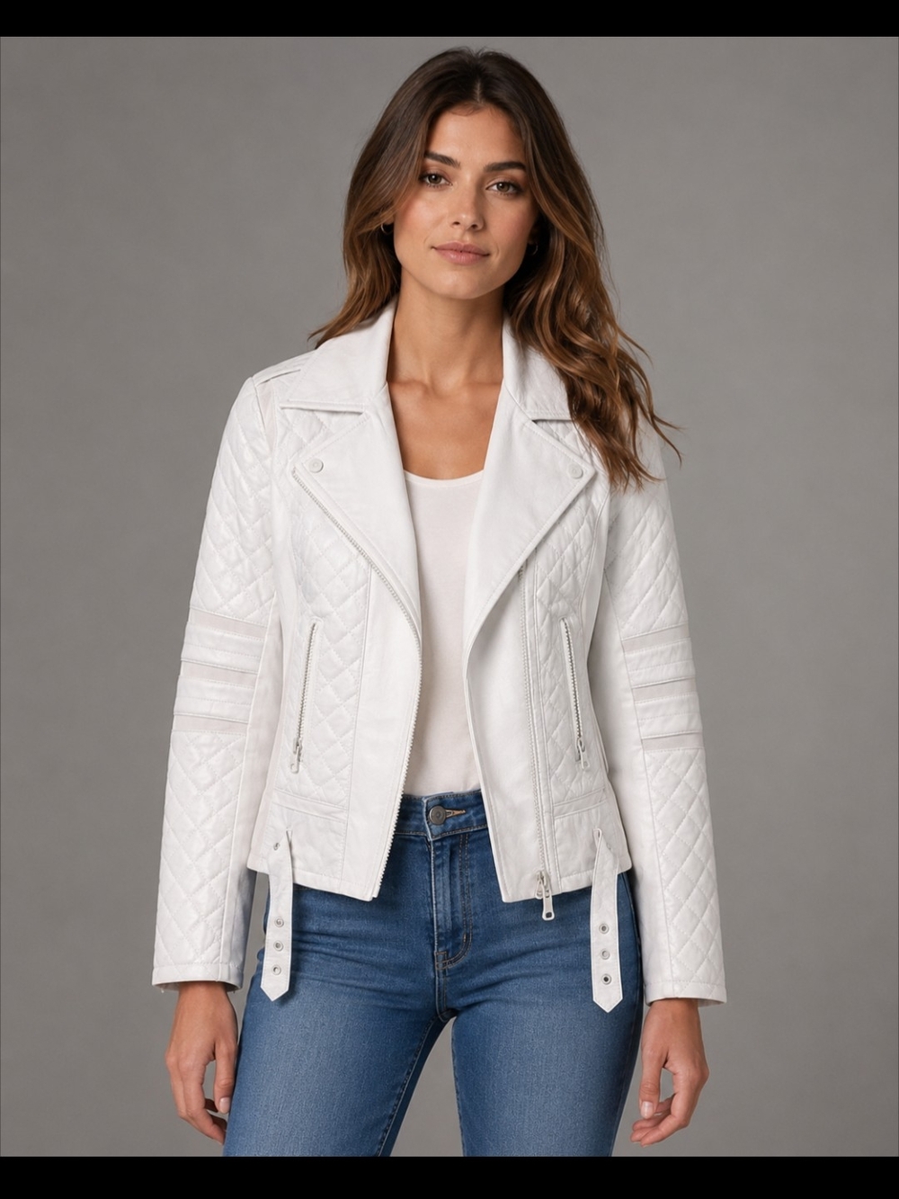 blanc noir White Quilted Moto Leather Jacket - Women